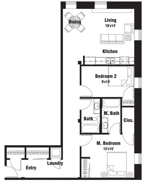 Floor plan for 2 beds, 2 baths, 1087 sqft